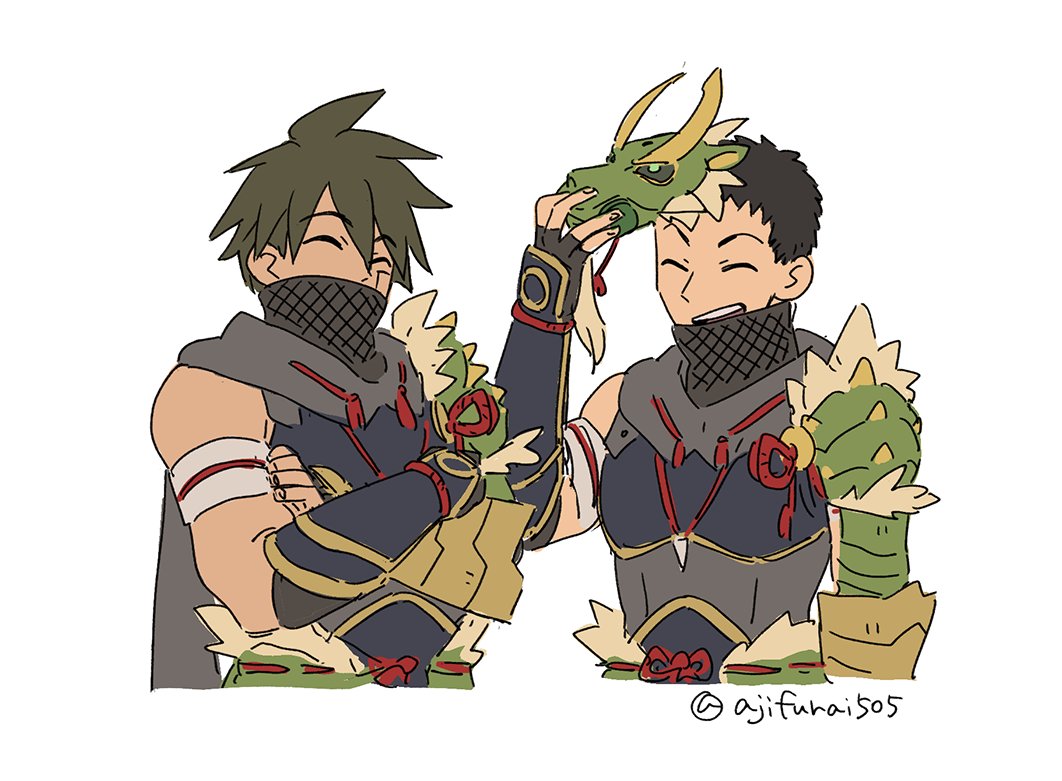 2boys, :d, ^_^, arzuros_(armor), asaya_minoru, bangs, bare_shoulders, black_gloves