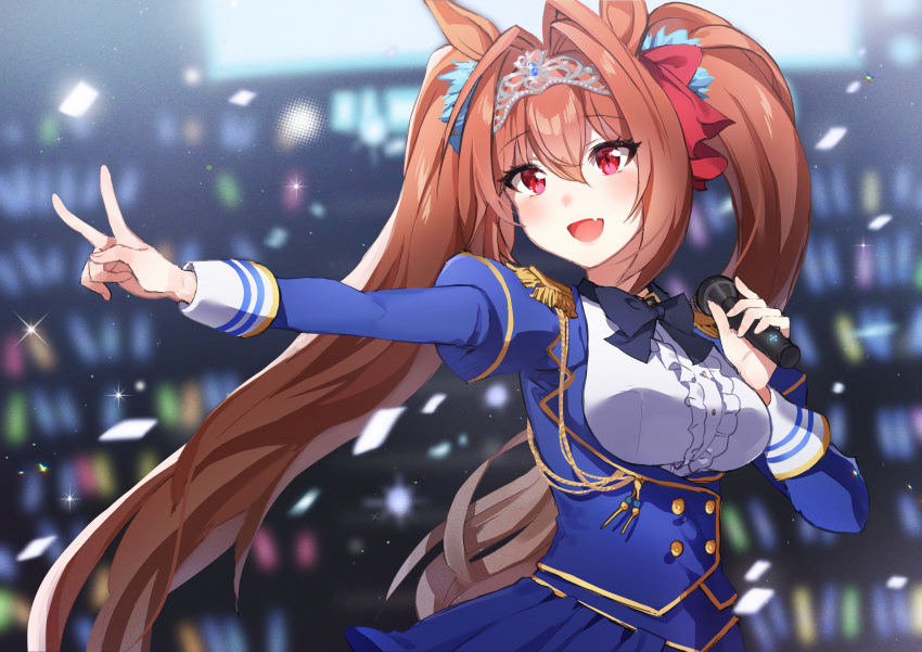 1girl, absurdres, animal_ears, bangs, blurry, blurry_background, blush, bow, bowtie, breasts, brown_hair, daiwa_scarlet_(umamusume), epaulettes, eyebrows_visible_through_hair, fang, hair_between_eyes, hair_intakes, hair_ornament, highres, holding, holding_microphone, horse_ears, horse_girl, large_breasts, long_hair, long_sleeves, microphone, open_mouth, ppppp_pink3, red_eyes, red_ribbon, ribbon, skin_fang, smile, solo, tiara, twintails, umamusume, upper_body, v, very_long_hair