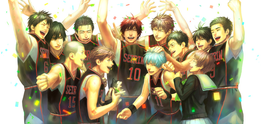 1girl, 6+boys, aida_riko, arms_up, basketball_uniform, black_hair, blue_hair, brown_hair