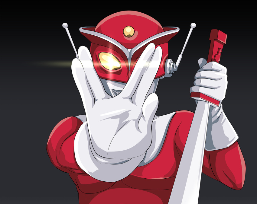 1boy, gloves, glowing, glowing_eye, grey_background, gridman_universe, holding, holding_weapon