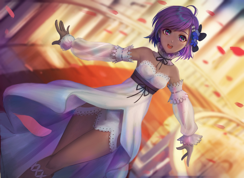 1girl, :d, bare_shoulders, blush, dark-skinned_female, dark_skin, detached_collar, detached_sleeves, dress, dutch_angle, fate/grand_order, fate_(series), flower, hair_flower, hair_ornament, hassan_of_serenity_(fate), highres, long_dress, looking_at_viewer, lostroom_outfit_(fate), open_mouth, outstretched_arms, petals, plottersky, purple_hair, see-through_sleeves, short_hair, smile, solo, spread_arms, stairs, stairwell, violet_eyes, white_dress