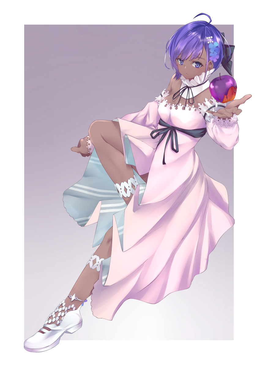 001machi, 1girl, absurdres, ahoge, apple, border, commentary_request, dark-skinned_female