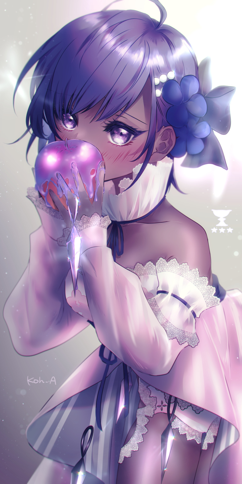 1girl, absurdres, ahoge, apple, bare_shoulders, black_bow, blush, bow