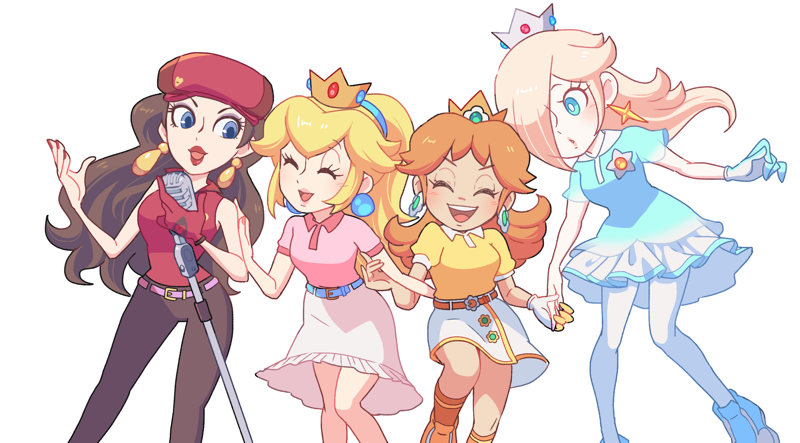 4girls, blonde_hair, brown_hair, cabbie_hat, crown, floating, gloves, hat