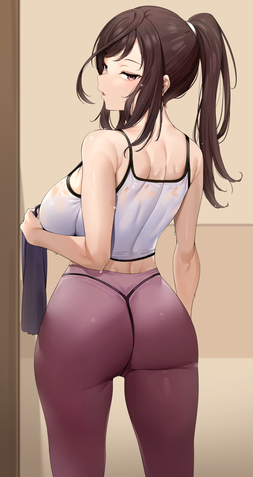 1girl, absurdres, ass, bangs, breasts, brown_eyes, brown_hair, character_request, crop_top, from_behind, highres, holding, holding_towel, large_breasts, medium_hair, pants, ponytail, sidelocks, solo, sweat, tem10, thong, towel, yoga_pants