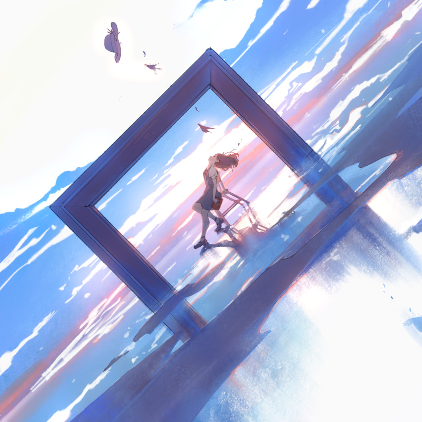 1girl, black_eyes, blue_footwear, blue_skirt, blue_sky, brown_hair, chair, clouds