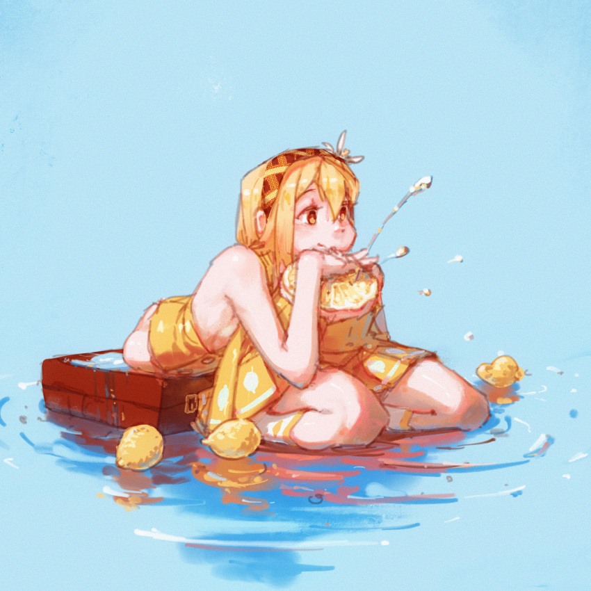 1girl, bare_shoulders, bisected, blonde_hair, blue_background, brown_eyes, closed_mouth, commentary_request