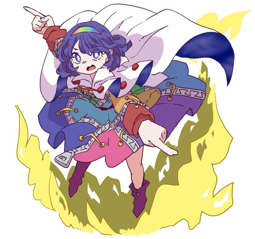 1girl, black_footwear, blue_eyes, blue_hair, buttons, cape, eyebrows_visible_through_hair, fire