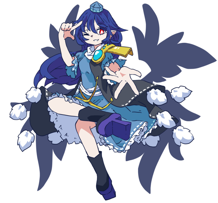 1girl, blue_dress, blue_hair, dress, eyebrows_visible_through_hair, feathered_wings, frilled_dress, frills