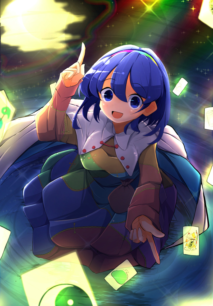 1girl, absurdres, blue_dress, blue_eyes, blue_hair, cape, card, cloak