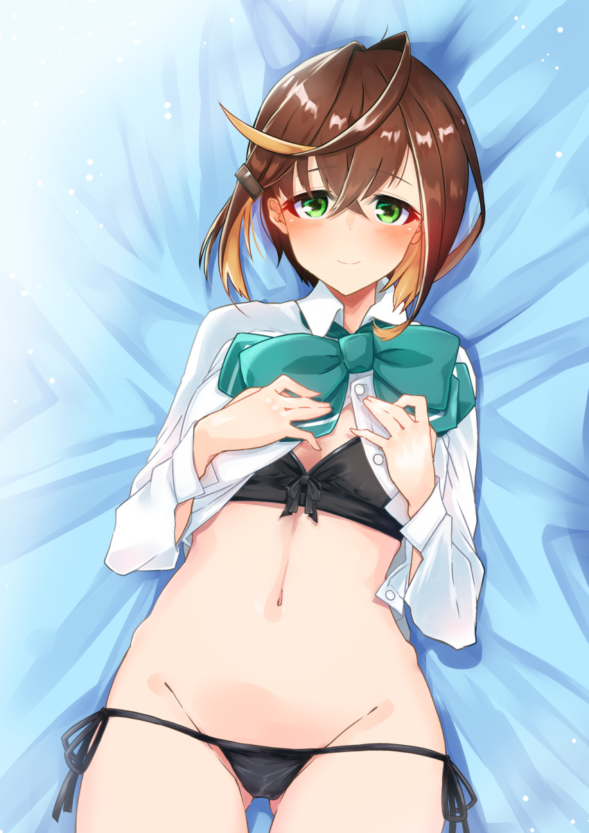 1girl, black_bra, black_panties, blonde_hair, blue_neckwear, bow, bowtie, bra