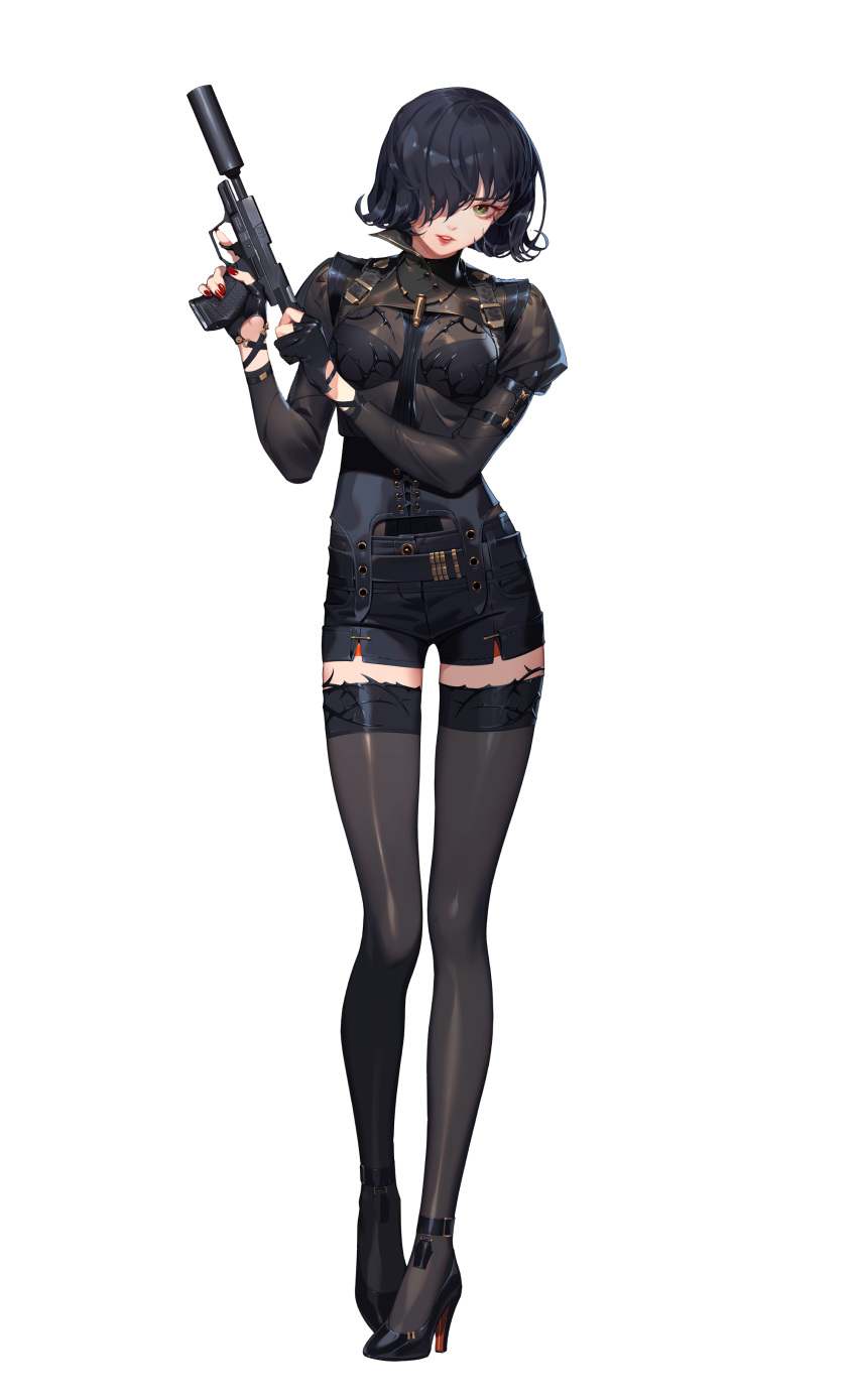 1girl, absurdres, artist_request, bangs, belt, black_footwear, black_gloves, black_hair