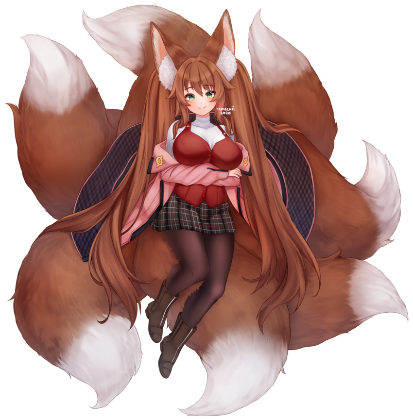 1girl, animal_ear_fluff, animal_ears, black_skirt, blush, boots, breasts, brown_footwear