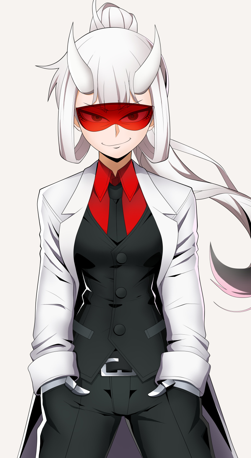 1girl, absurdres, bangs, black_pants, black_vest, breasts, closed_mouth, coat, collared_shirt, cowboy_shot, demon_girl, demon_tail, eremiya_(loleremiya), evil_smile, formal, goggles, hands_in_pockets, helltaker, highres, horns, labcoat, long_hair, long_sleeves, looking_at_viewer, loremaster_(helltaker), necktie, open_clothes, open_coat, pants, ponytail, red_shirt, shirt, simple_background, smile, solo, standing, suit, sunglasses, tail, vest, white_background, white_coat, white_hair, wing_collar