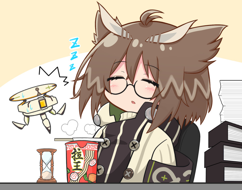 1girl, ^^^, arknights, black-framed_eyewear, blush, brown_hair, chair, chopsticks