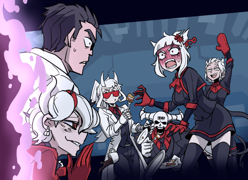2boys, 4girls, apple_pie, beelzebub_(helltaker), black_hair, blush, demon_girl, demon_horns
