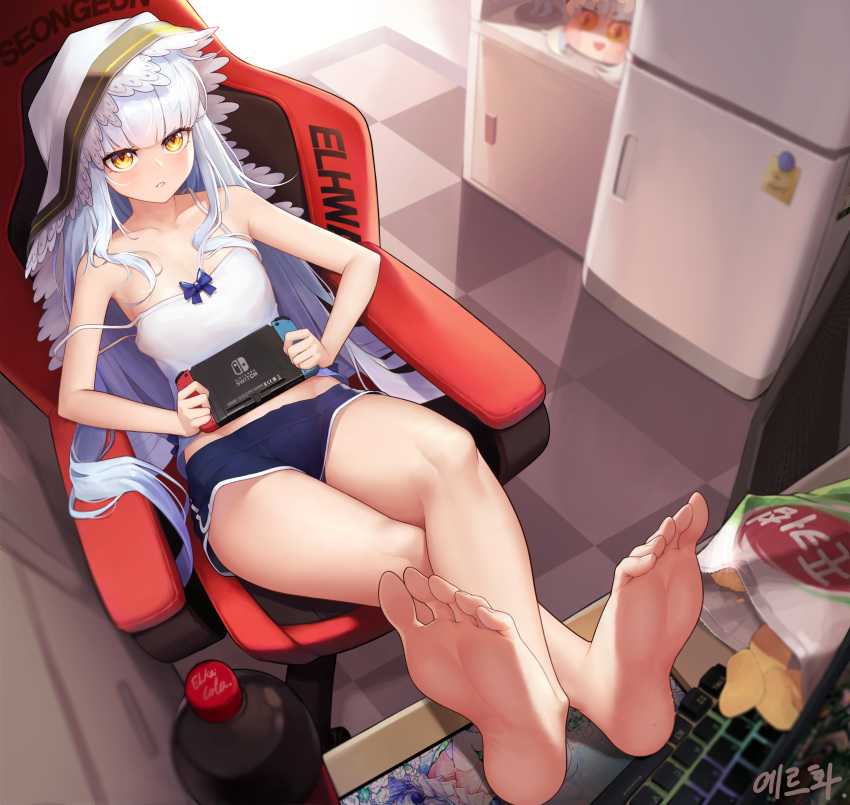 1girl, absurdres, bare_legs, bare_shoulders, barefoot, blue_hair, blue_shorts, blush