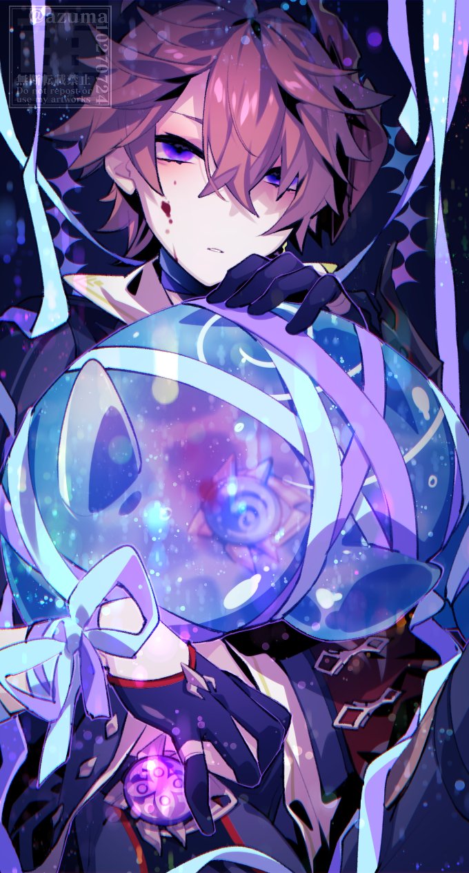 1boy, azuma_(azuma10270724), bangs, black_gloves, blood, blood_on_face, crossed_bangs, genshin_impact