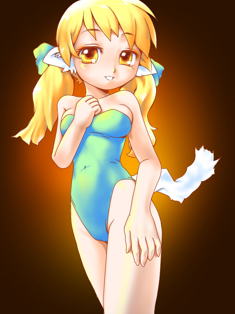 animal_ears, blonde_hair, cat_ears, cat_tail, highleg, highleg_swimsuit, long_hair, one-piece_swimsuit, original, satou_kazuyoshi, swimsuit, tail, twintails, yellow_eyes