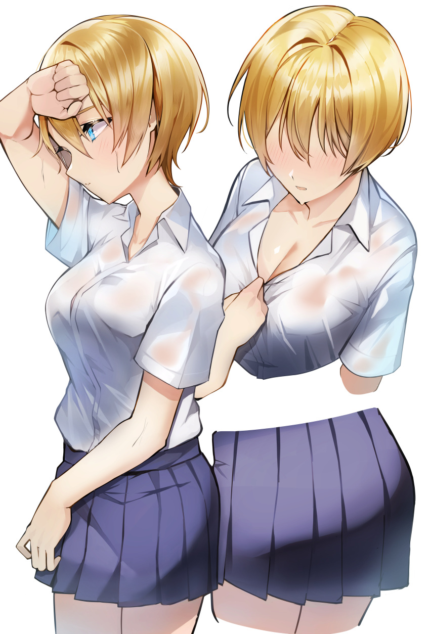1girl, absurdres, alternate_costume, apex_legends, blonde_hair, blue_eyes, blue_skirt, blush