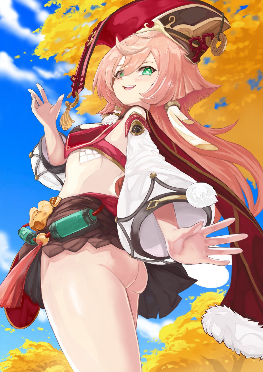 1girl, :d, antlers, ass, bare_shoulders, black_skirt, blue_sky, bow