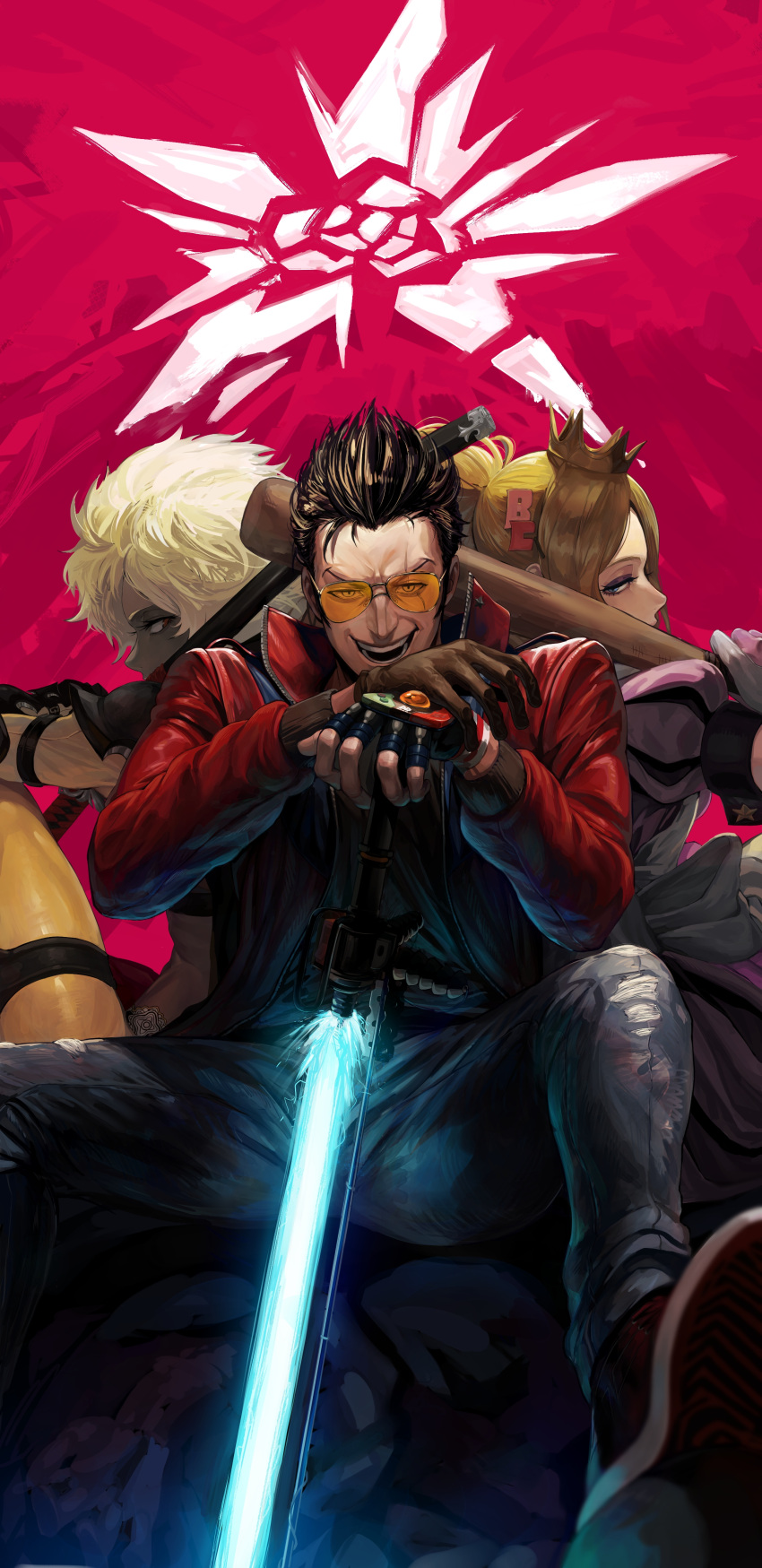 1boy, 2girls, absurdres, afro, bad_girl, baseball_bat, black_hair, blonde_hair, breasts, dark-skinned_female, dark_skin, denim, energy_sword, gloves, hair_ornament, hair_over_one_eye, highres, jacket, jeans, katana, lipstick, long_hair, looking_at_viewer, makeup, milmir, multiple_girls, necktie, no_more_heroes, no_more_heroes_3, pants, red_jacket, scarf, shinobu_jacobs, shirt, short_hair, skirt, smile, sunglasses, sword, thigh-highs, travis_touchdown, underwear, violet_eyes, weapon, white_hair