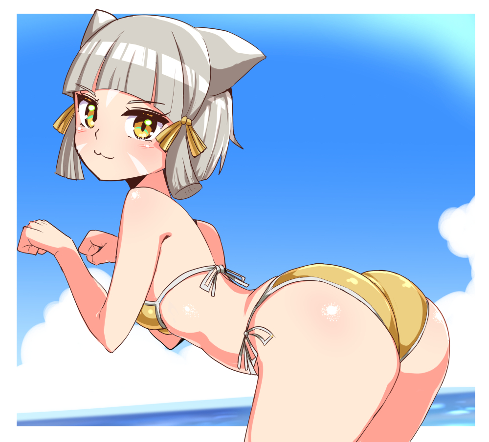 1girl, animal_ears, ass, bangs, beach, blunt_bangs, breasts, cat_ears