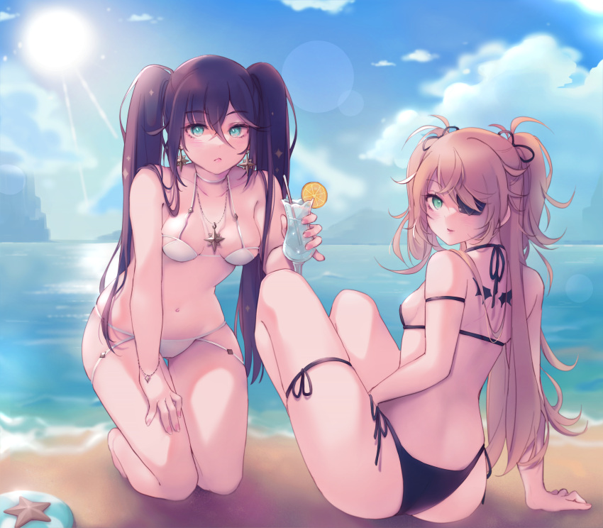 2girls, absurdres, antay6oo9, ass, barefoot, beach, bikini, black_bikini, blonde_hair, blue_sky, breasts, cup, drink, drinking_glass, drinking_straw, earrings, eyepatch, feet, fischl_(genshin_impact), genshin_impact, green_eyes, hair_ribbon, highres, holding, holding_drink, jewelry, kneeling, looking_at_viewer, looking_back, mona_(genshin_impact), multiple_girls, ocean, purple_hair, ribbon, side-tie_bikini, sideboob, sitting, sky, small_breasts, summer, sun, sunlight, swimsuit, twintails, white_bikini
