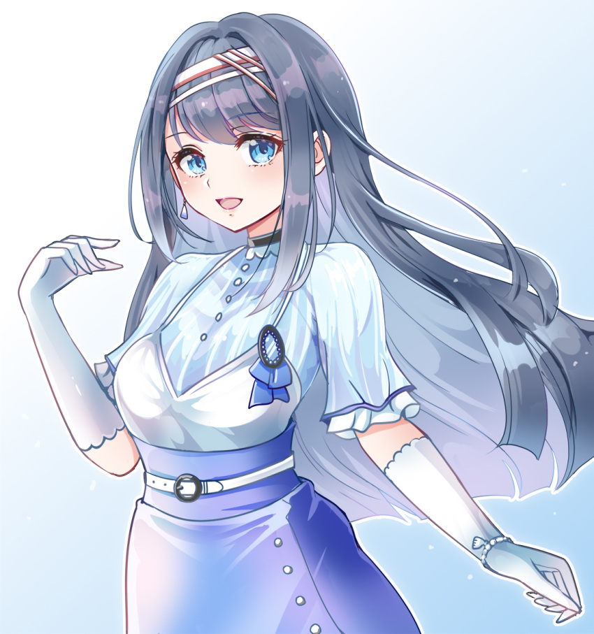 1041_(toshikazu), bangs, black_hair, blue_eyes, blue_hairband, blue_shirt, blue_skirt, breasts