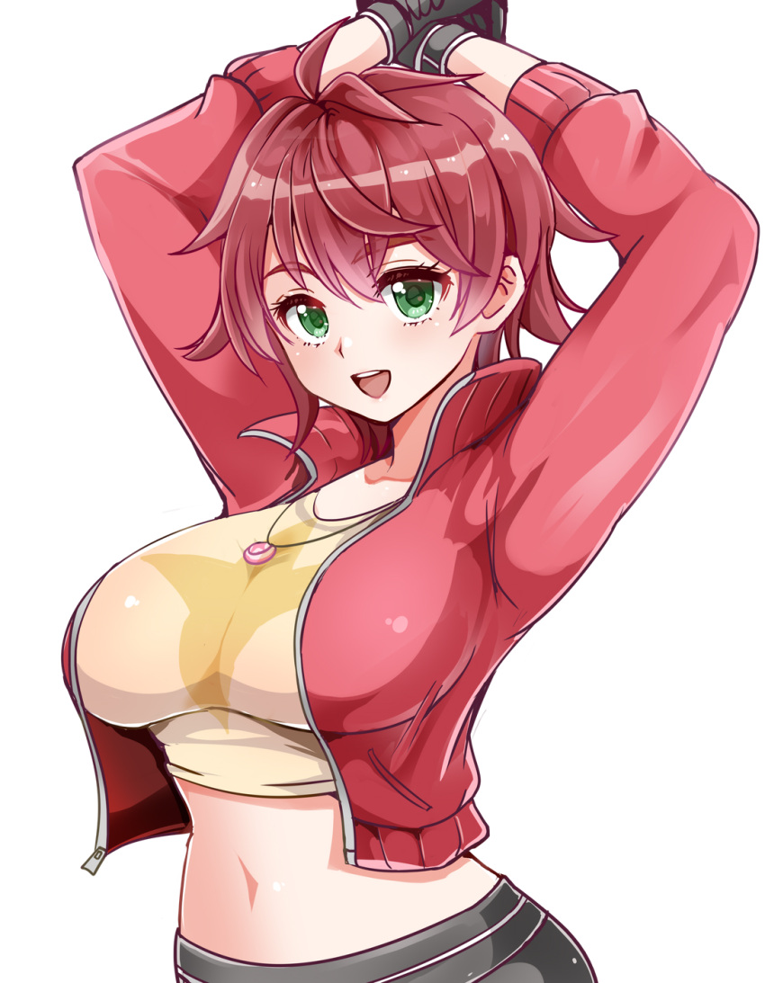 1041_(toshikazu), 1girl, bangs, black_gloves, black_pants, breasts, cropped_shirt, eyebrows_visible_through_hair, gloves, green_eyes, hands_up, highres, jacket, large_breasts, midriff, navel, ousumi_mamiya, pants, red_jacket, redhead, sakura_kakumei, sakura_taisen, shirt, short_hair, smile, solo, t-shirt, yellow_shirt