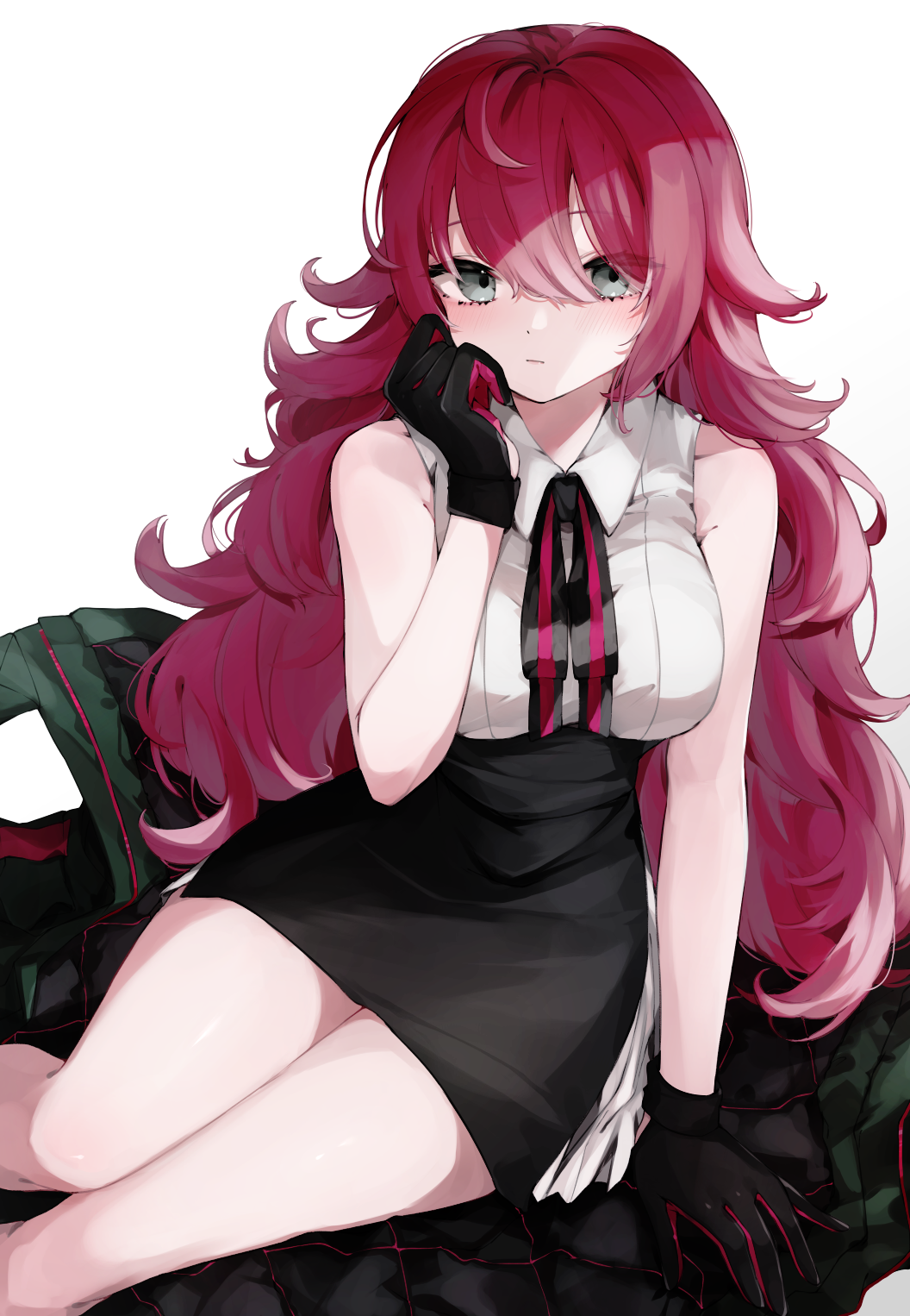 1girl, arm_support, bangs, bare_legs, black_coat, black_skirt, blush, breasts