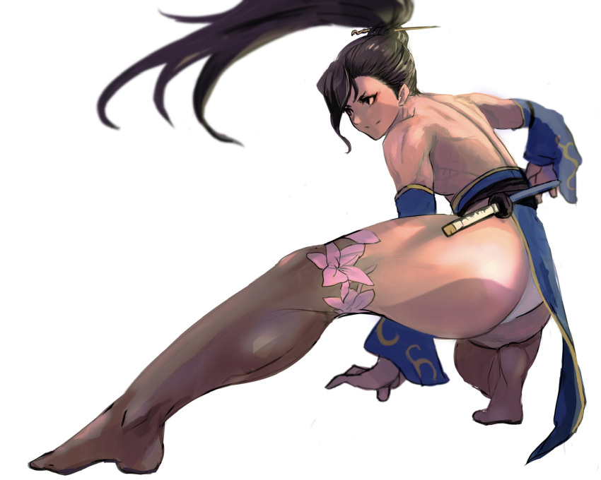 1girl, 6maker, adapted_costume, alternate_hair_length, alternate_hairstyle, alternate_legwear, ass, back, black_hair, chun-li, convenient_arm, detached_sleeves, eyeliner, full_body, hair_ornament, hairpin, highres, long_hair, looking_at_viewer, makeup, muscular, muscular_female, ninja, no_shoes, obi, over-kneehighs, panties, pantyshot, pelvic_curtain, sash, sheath, sheathed, sheer_legwear, soles, solo, squatting, street_fighter, sword, thick_thighs, thigh-highs, thighs, topless, underwear, very_long_hair, wakizashi, weapon, white_background, white_panties