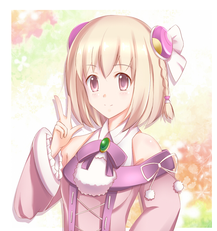 ar_tonelico_iii, bare_shoulders, blonde_hair, bow, braid, gust, hair_ornament, pink_eyes, saki_(ar_tonelico), shizufa, short_hair, smile, solo, v