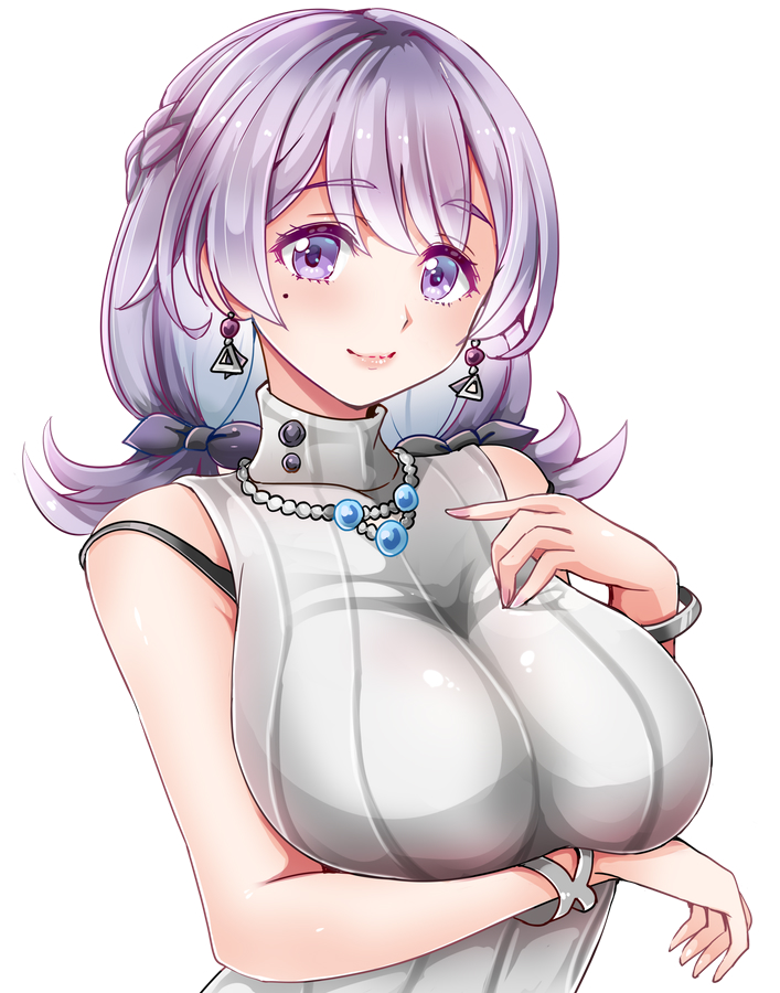 1041_(toshikazu), 1girl, arm_under_breasts, bead_necklace, beads, bow, bracelet, breast_suppress, earrings, grey_bow, hair_bow, head_tilt, jewelry, looking_at_viewer, medium_hair, mole, mole_under_eye, necklace, purple_hair, sakura_kakumei, sakura_taisen, short_twintails, sleeveless_sweater, smile, solo, sunahara_arino, sweater, triangle_earrings, turtleneck, turtleneck_sweater, twintails, upper_body, violet_eyes