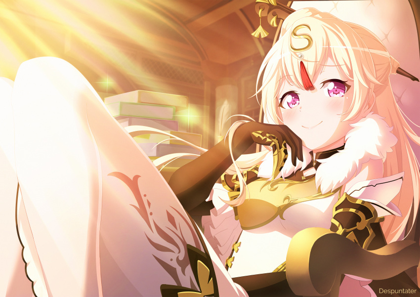 1girl, absurdres, artist_name, bang_dream!, bangs, bare_shoulders, black_gloves, blonde_hair