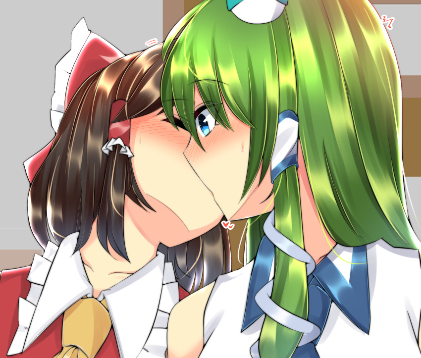 2girls, ascot, bare_shoulders, blue_eyes, blue_neckwear, blush, bow, brown_hair, closed_eyes, collar, collarbone, collared_shirt, commentary_request, eyebrows_visible_through_hair, frilled_bow, frilled_shirt_collar, frills, frog_hair_ornament, green_hair, hair_bow, hair_ornament, hair_tubes, hakurei_reimu, head_tilt, highres, kiss, kochiya_sanae, long_hair, looking_at_another, mokutan_(link_machine), multiple_girls, necktie, portrait, red_bow, red_shirt, shiny, shiny_hair, shirt, sleeveless, sleeveless_shirt, snake_hair_ornament, sweatdrop, touhou, two-tone_shirt, white_collar, white_shirt, yellow_neckwear, yuri