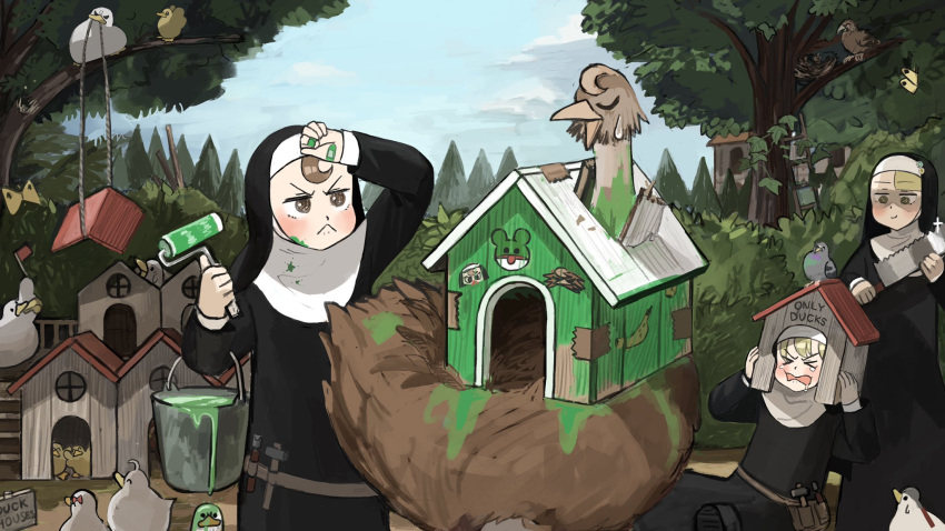 >_<, 3girls, :<, belt, bird, blonde_hair, bow, branch, breaking, brown_eyes, brown_hair, bucket, bug, building, bush, butterfly, catholic, chicken, chisel, commentary, diva_(hyxpk), doghouse, drooling, duck, duckling, english_commentary, evil_smile, family, flag, hair_bow, hammer, hatchlings, hawk, highres, holding, holding_paintbrush, in_tree, insect, ladder, ladle, lifting, little_nun_(diva), mini_flag, mouth_hold, multiple_girls, nest, nun, open_mouth, ostrich, outdoors, paint, paint_splatter, paintbrush, pigeon, plant, red_bow, roller_brush, rooftop, rope, saw, shaded_face, sign, sky, smile, spread_wings, stuck, sweatdrop, tearing_up, tree, utility_belt, vines, whistle, wiping_sweat, wood, yellow_eyes