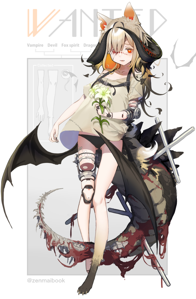 1girl, amputee, animal_ears, bandage_over_one_eye, bat_wings, black_hair, black_panties, blonde_hair, chimera, collarbone, colored_inner_hair, commentary_request, cross, dragon_horns, dragon_tail, fangs, fingernails, flower, fox_ears, fox_tail, full_body, gradient_hair, highres, horns, impaled, long_fingernails, monster_girl, multicolored_hair, original, panties, paws, prosthesis, prosthetic_arm, prosthetic_leg, red_eyes, shirt, solo, stitches, t-shirt, tail, underwear, vampire, wings, zenmaibook