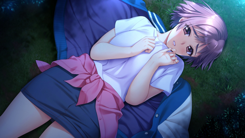 1girl, bangs, blue_skirt, brown_eyes, doukyuusei, eyebrows_visible_through_hair, from_above, game_cg