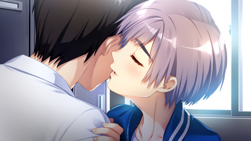 1boy, 1girl, backlighting, bangs, black_hair, blue_jacket, closed_eyes, collarbone