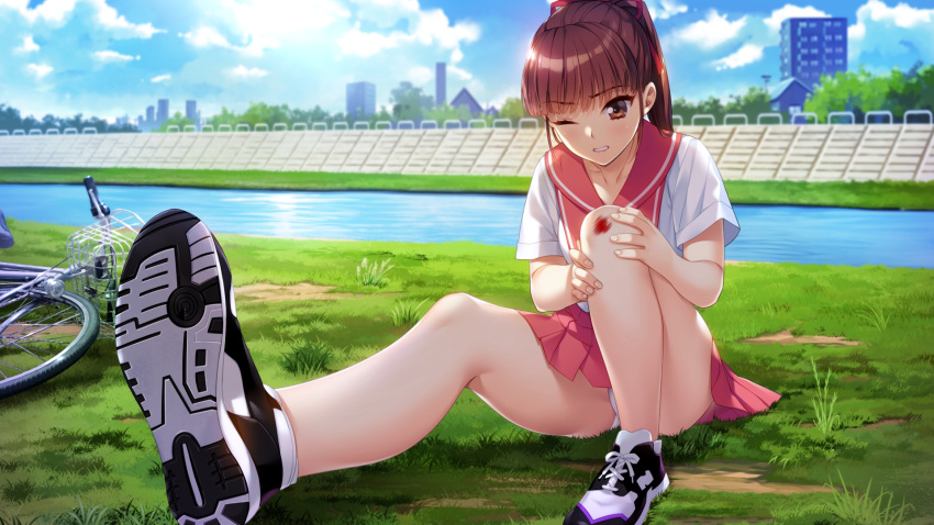 1girl, bangs, bicycle, blood, blunt_bangs, blurry, blurry_background, brown_eyes
