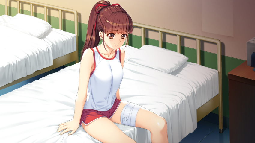 1girl, bandaged_leg, bandages, bangs, bed, blunt_bangs, brown_eyes, brown_hair