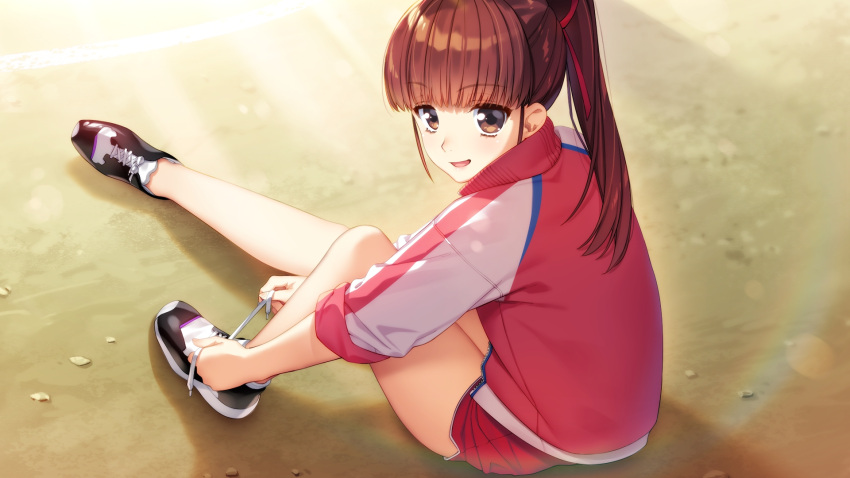 1girl, :d, bangs, black_footwear, blunt_bangs, brown_eyes, brown_hair, day