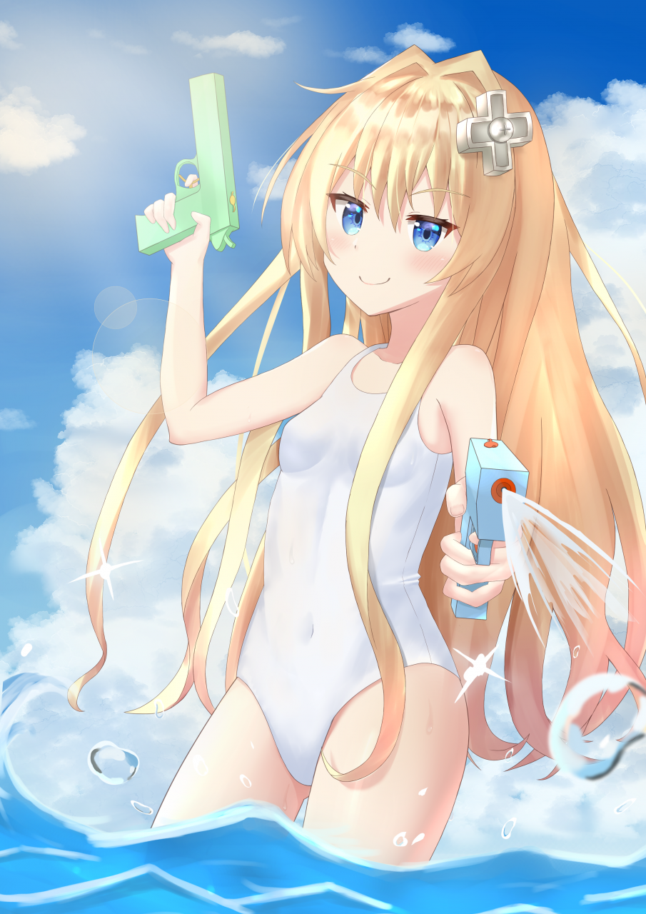 1girl, alice_(sentouin_hakenshimasu!), blonde_hair, blue_eyes, blue_sky, breasts, clouds, covered_navel, cowboy_shot, d-pad, d-pad_hair_ornament, dual_wielding, hair_ornament, highres, holding, long_hair, looking_at_viewer, monozit, school_swimsuit, sentouin_hakenshimasu!, sky, small_breasts, soaking_feet, solo, swimsuit, water, water_gun, white_swimsuit