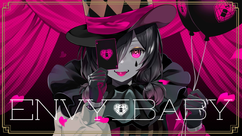 1girl, absurdres, ace_of_hearts, balloon, bangs, black_hair, card, clown