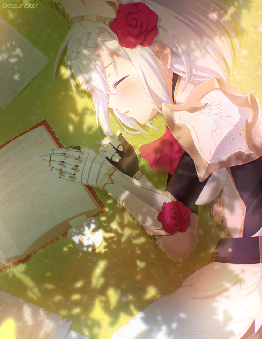 1girl, absurdres, armor, armored_dress, artist_name, ascot, bang_dream!, bang_dream!_girls_band_party!, bangs, blush, book, bookmark, braid, braided_bangs, breasts, closed_eyes, commentary, cosplay, cowboy_shot, day, despuntater, dress, eyebrows_visible_through_hair, flower, gauntlets, genshin_impact, grass, hair_between_eyes, hair_flower, hair_ornament, highres, huge_filesize, kurata_mashiro, lying, maid_headdress, medium_breasts, medium_hair, michelle_(bang_dream!), noelle_(genshin_impact), noelle_(genshin_impact)_(cosplay), on_side, open_book, outdoors, paper, parted_lips, red_flower, red_neckwear, red_rose, rose, shoulder_armor, sidelocks, silver_hair, sleeping, solo, tree_shade, white_dress
