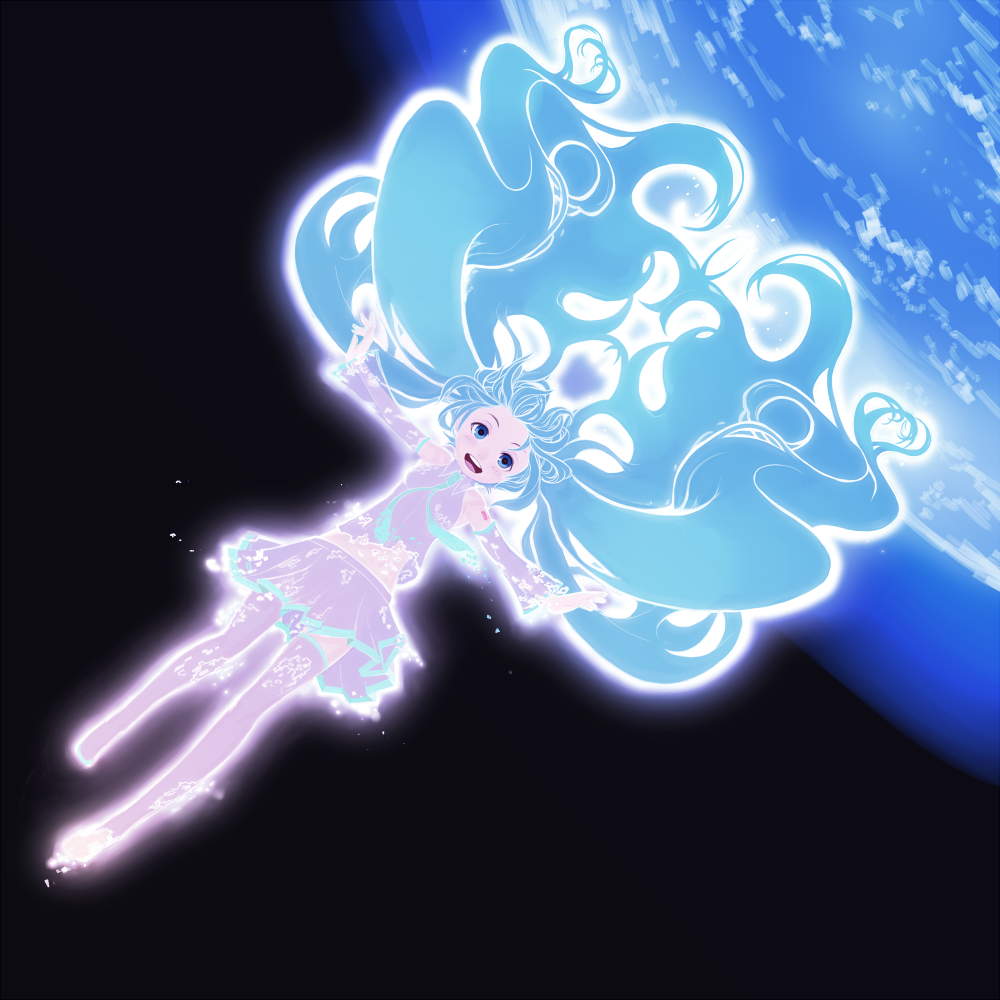 aqua_hair, bad_id, detached_sleeves, digital_dissolve, earth, floating_hair, glowing, hatsune_miku