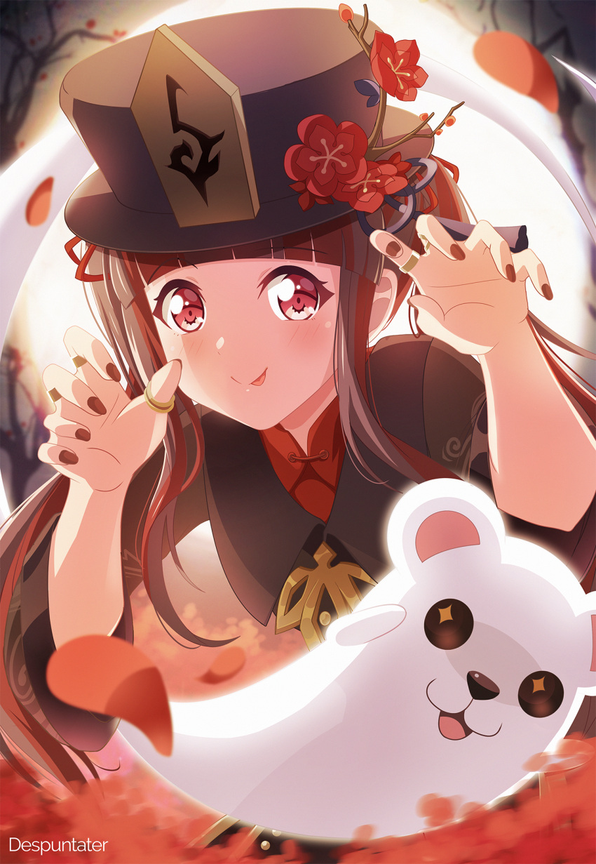 1girl, :p, artist_name, bang_dream!, bangs, black_coat, black_hair, black_headwear