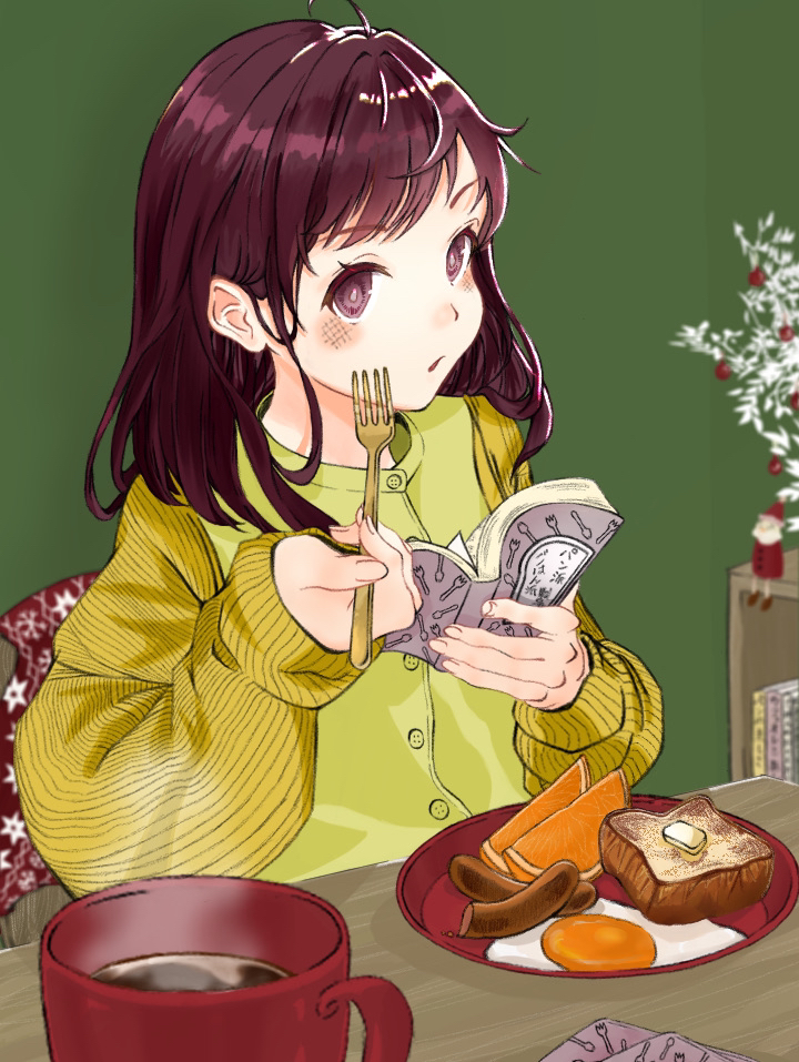 1girl, black_eyes, black_hair, blush, book, breakfast, christmas, christmas_tree, coffee, egg, food, fork, fried_egg, fruit, holding, holding_book, holding_fork, kakao_choko, looking_at_viewer, orange_(food), orange_slice, original, pajamas, santa_claus, sausage, solo, sunny_side_up_egg, toast