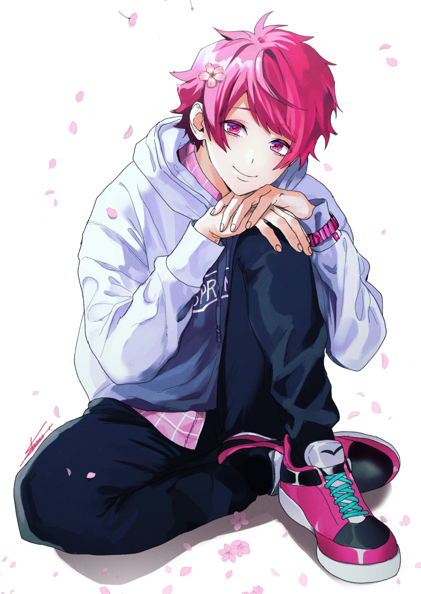 1boy, a3!, bangs, cherry_blossoms, collared_shirt, denim, flower, flower_on_head